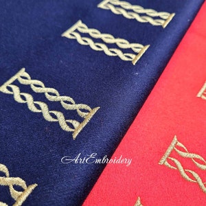 May include: Two fabric swatches with gold embroidery of a repeating pattern of interlocked circles. The fabric on the left is dark blue and the fabric on the right is red. The text "Art Embroidery" is visible in the lower left corner.