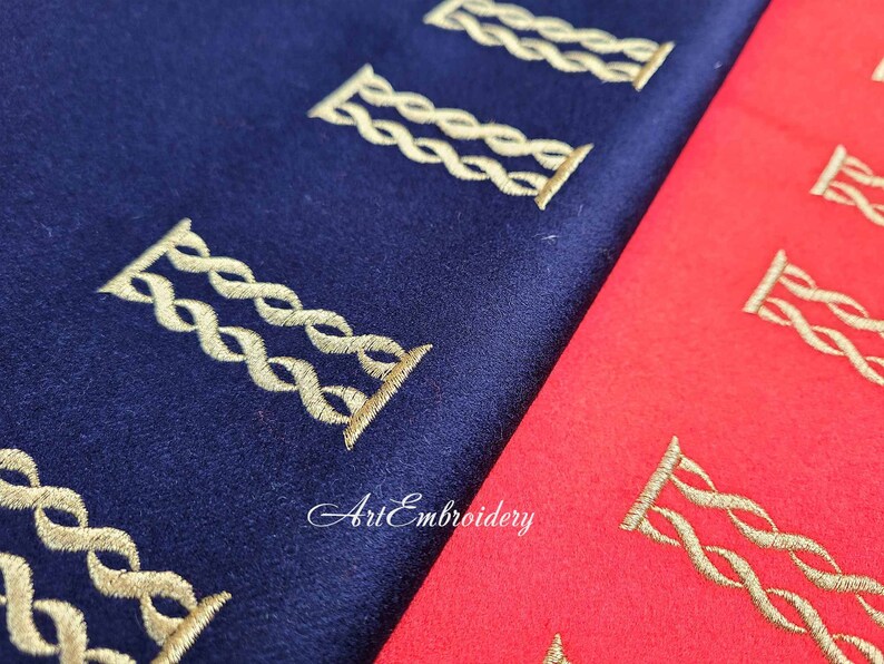 May include: Two fabric swatches with gold embroidery of a repeating pattern of interlocked circles. The fabric on the left is dark blue and the fabric on the right is red. The text "Art Embroidery" is visible in the lower left corner.