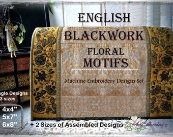 English Blackwork Floral Motifs Set - Historical Machine Embroidery Designs Set of  Single  and Assembled Designs