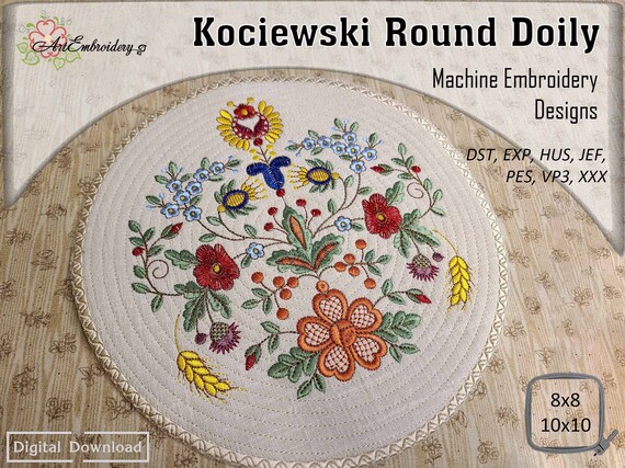 Kociewski Floral Round Doily: Machine Embroidery Design (8x8 and