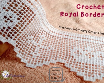 FSL Crochet Royal Border - Diseño de encaje bordado a máquina con cruz y corona en 1, 2, 3 unidades para diferentes aros desde 5x7" hasta 8x14"