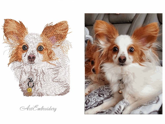 オーダー作品　パピヨン　犬　BAEZ3 パピヨン犬の肖像画 - ナチュラルな機械刺繍デザイン（5x7インチの枠