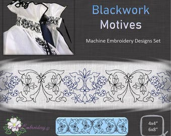 Vintage Blackwork Motives - Machine Embroidery Designs Set for  single designs in the  hoop 4x4&quot;, assembled  border -6x8&quot;