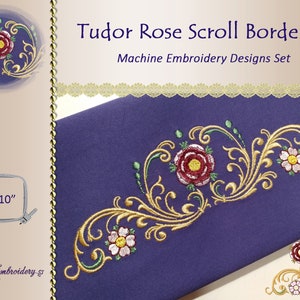 May include: A set of machine embroidery designs featuring Tudor Rose Scroll Borders. The design includes gold, red, pink, and green floral elements. The design is shown stitched on a purple fabric. The design is 6x10 inches.
