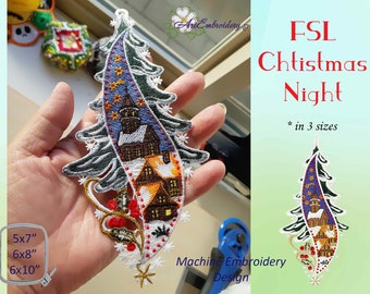 FSL Christmas Night  Machine Embroidery Free Standing Lace Design in 3 sizes