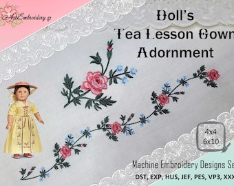 Colonial Doll Gown Embroidery Designs: Floral Adornment (4x4, 6x10 Hoop)
