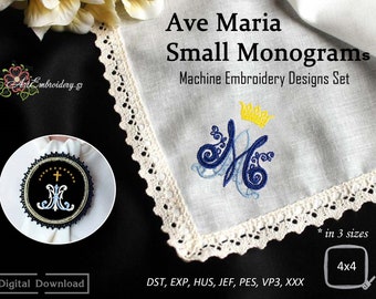 Ave Maria Small Monogram – Machine Embroidery Christian Religious Designs Set of two  designs in 3 sizes around  1”, 1,5”, and 2”