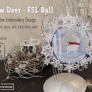 FSL Snow Deer  Ball - machine embroidery lace design ornament, 3 sized,  hoop  from 5x7" (digital download)