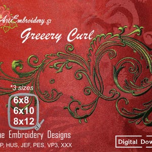 Puede incluir: Un diseño de bordado con un patrón de follaje verde en espiral sobre un fondo rojo. El texto incluye ArtEmbroidery, Greeery Curl, 3 sizes 6x8, 6x10, 8x12, Machine Embroidery Designs, DST, EXP, HUS, JEF, PES, VP3, XXX y Digital Download.