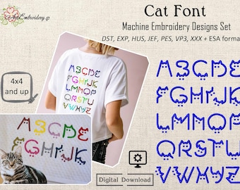 Katze Schrift Stickdatei, Maschinenstickerei: 50cm A-Z Buchstaben (Digitaler Download)