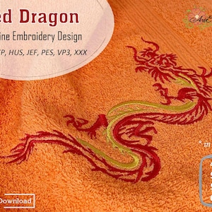 Puede incluir: Diseño de bordado a máquina de dragón rojo en cuatro tamaños: 4x4, 5x5, 5x7 y 6x8 pulgadas. El diseño presenta un dragón rojo con detalles dorados sobre un fondo naranja. El diseño está disponible en los siguientes formatos: DST, EXP, HUS, JEF, PES, VP3 y XXX.