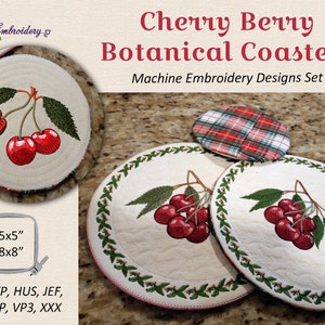 Cherry Berry Botanical Coasters - Machine Embroidery ITH Designs Set of single design and two coasters