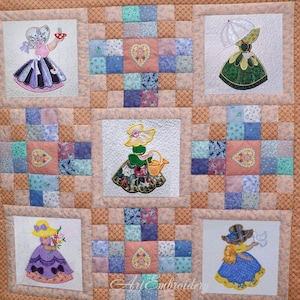 Sunbonnet Sue Quilt: ITH Machine Embroidery Applique Designs (5x7, 6x8, 7x8, 8x8) + Bonus
