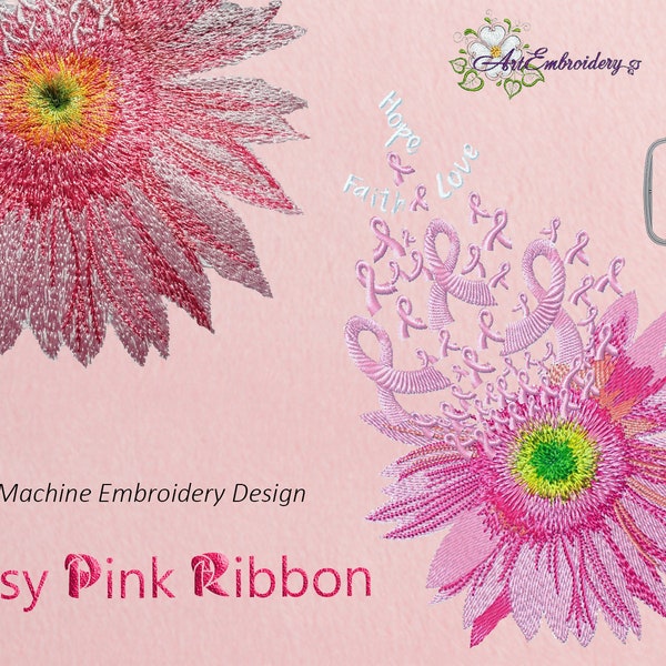 Daisy Pink Ribbon Breast Cancer Awareness with words Fight, Hope and Love Machine Embroidery Design in three sizes up to 6x10"