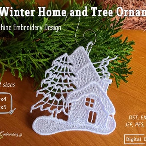 Puede incluir: Diseño de bordado de encaje blanco de un adorno de invierno con una casa y un árbol. El diseño está disponible en dos tamaños: 4x4 pulgadas y 5x5 pulgadas. El diseño es para bordado a máquina e incluye los siguientes formatos de archivo: DST, EXP, HUS, JEF, PES, VP3, XXX.