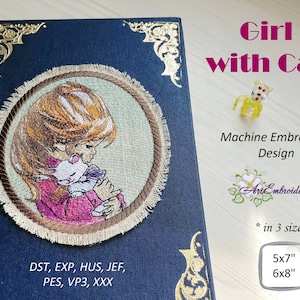 Girl with Cat - Machine Embroidery  Vintage Childhood Design in 3 sizes