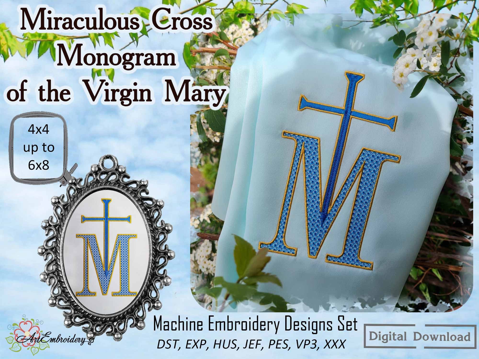 Virgin Mary Monogram Embroidery Design: Miraculous Cross (digital