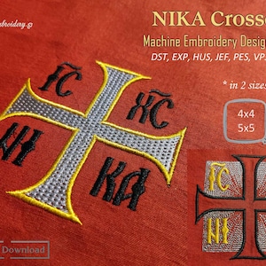 May include: A set of two machine embroidery designs featuring a cross with the letters "FC", "HC", "NH", and "KA" in black on a silver and yellow cross. The designs are available in two sizes: 4x4 inches and 5x5 inches. The embroidery designs are for use with embroidery machines and are available in the following formats: DST, EXP, HUS, JEF, PES, VP3, and XXX.