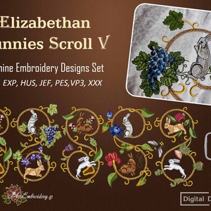 Elizabethan Bunnies Scroll V – Machine Embroidery Flowers and Fauna, 16th century Designs Set for hoop 6x10&quot; and  up