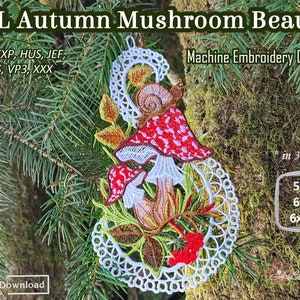 FSL beauté champignon automne – broderie Machine ITH projet de dentelle champignon vénéneux forêt Nature Design en 3 tailles pour cerceau 5 x 7", 6 x 8", 6 x 10"