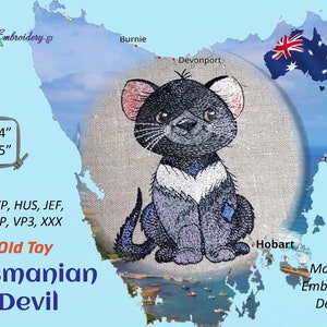 May include: Machine embroidery design of a cartoon Tasmanian Devil, a black and white animal with a pink nose, sitting on a gray background. The design is available in 4x4 and 5x5 inch sizes. The design is available in the following formats: DST, EXP, HUS, JEF, PES, VIP, VP3, XXX.