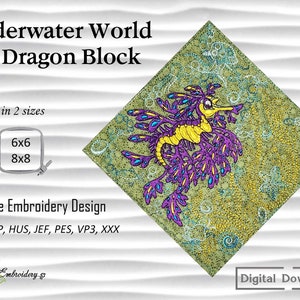 Underwater World Sea Dragon Block - Machine Embroidery Quilt Block Design in two sizes for hoop 6x6&quot; and 8x8&quot;