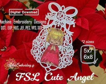 以下が含まれることがあります： 白いレースのFSL（Free Standing Lace）天使刺繍デザイン。赤いドレスとハローを着た漫画の天使が特徴です。「FSL Cute Angel」のデザインは、12.7x17.8cmと15.2x20.3cmのサイズで利用できます。背景は赤いポインセチアの花です。