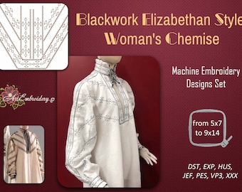 Blackwork for Elizabethan Style 16th Century Woman's Chemise  - Machine Embroidery  Border Designs Set