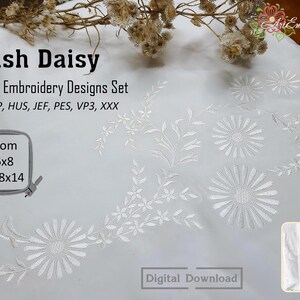 May include: White embroidery design set of daisies and leaves. The design is suitable for embroidery hoops from 6x8 inches to 8x14 inches. The design is available in the following formats: DST, EXP, HUS, JEF, PES, VP3, XXX. Digital download.