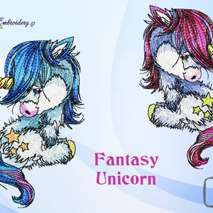 May include: Two embroidered designs of a blue and pink fantasy unicorn with a gold horn and stars on its back. The designs are 4x4 inches and 5x5 inches.