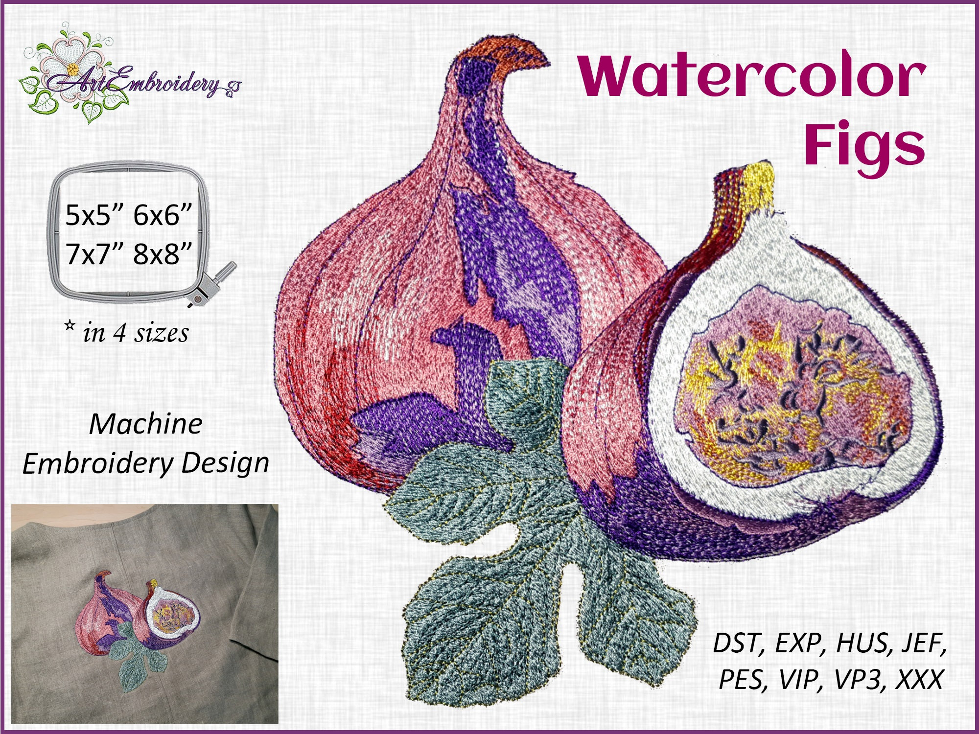 Watercolor Figs Machine Embroidery Design in Four Sizes for Etsy