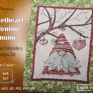 May include: Machine embroidery design set featuring a Valentine's Day gnome with a long white beard and a red and white hat. The design includes hanging heart ornaments and the text "Sweetheart Valentine Gnome". Available in 4x4 and 5x7 sizes.