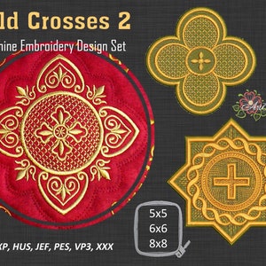 Può includere: Un set di tre ricami a macchina dorati con croci. I disegni sono disponibili in diverse dimensioni, tra cui 5x5, 6x6 e 8x8 pollici. I disegni sono disponibili nei formati DST, EXP, HUS, JEF, PES, VP3 e XXX.