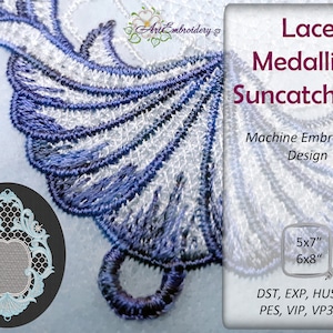 May include: Lace medallion suncatcher embroidery design in blue and white. The design is 5x7 inches or 6x8 inches. The design is available in DST, EXP, HUS, JEF, PES, VIP, VP3, and XXX formats.