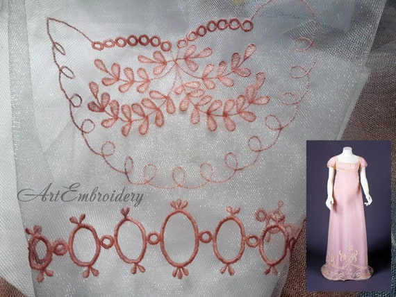 Regency Pink Tulle Dress, 1805-1810 - Machine Embroidery