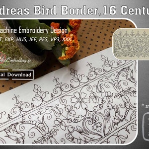 May include: Black and white machine embroidery design of a bird border with floral details. The design is available in three sizes: 6x10 inches, 7x12 inches, and 8x14 inches.