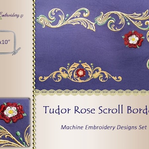 Tudor Rose Scroll Borders Machine Embroidery Designs: 6x10 Bonus Buttons (Digital Download)
