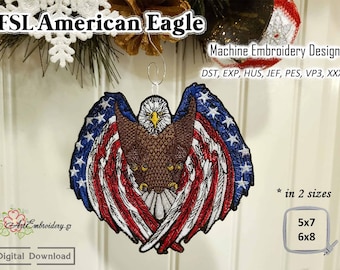 Diseño de bordado de águila americana de FSL: Adorno de encaje patriótico (descarga digital)