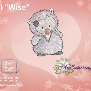 May include: Machine embroidery design of a gray owl with a pink nose and white feathers. The design is titled "Owl "Wise"" and is available in 4x4 and 5x5 inch sizes. The design is for use with embroidery machines.