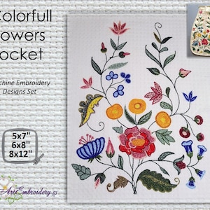 Bunte Blumen auf der Tasche Maschinenstickerei: Historisches Kostüm aus dem 18.Jahrhundert (13x18cm-20x30cm)