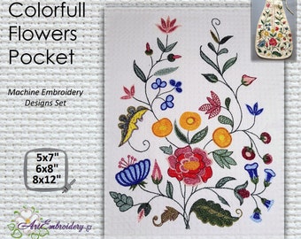 Colorful Flowers Pocket Machine Embroidery Design: 18th Century Historical Costume (5x7"-8x12")