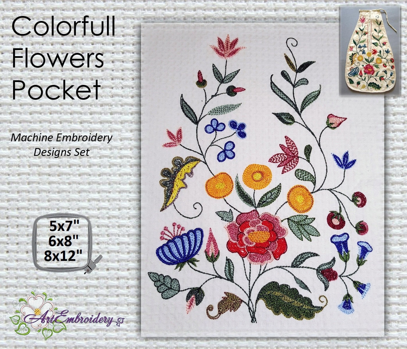 Colorful Flowers Pocket Machine Embroidery Design: 18th Century