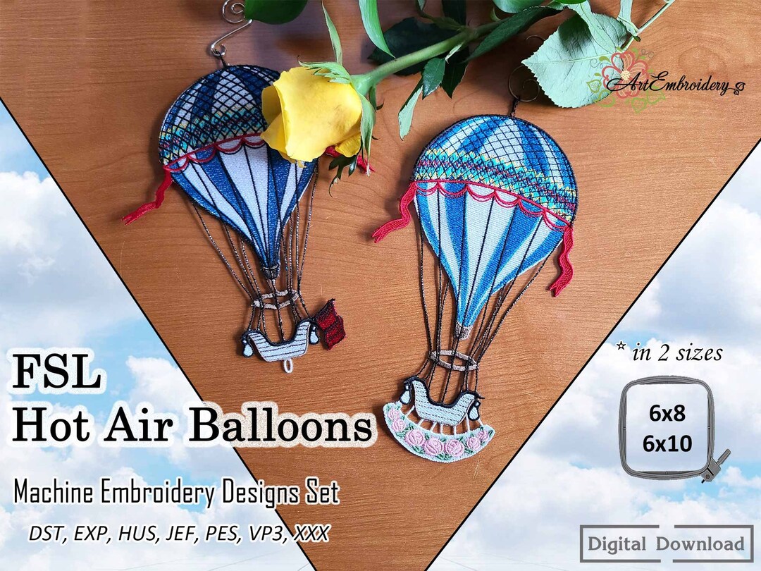 FSL Hot Air Balloons With Flag and Roses Banner Machine Embroidery ITH