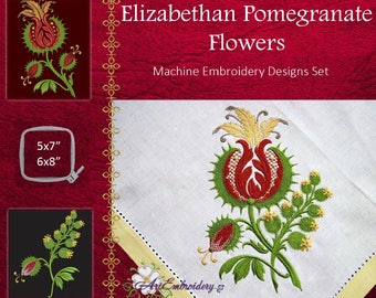 Elizabethan Pomegranate Flowers - Machine Embroidery Designs Set for hoop 5x7 and 6x8"
