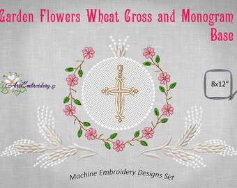 May include: Machine embroidery design set featuring a white cross with a gold outline, surrounded by a wreath of pink flowers and green leaves. The design also includes two wheat stalks. The design is for an 8x12 inch hoop.