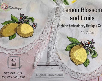 May include: Two machine embroidery designs featuring lemon blossoms and fruits. The designs are available in two sizes: 4x4 inches and 5x5 inches. The file formats included are DST, EXP, HUS, JEF, PES, VP3, and XXX.