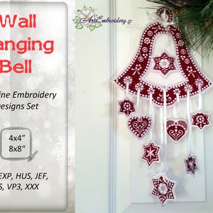 May include: A red and white embroidered wall hanging in the shape of a bell with stars and hearts hanging from it. The design is for a 4x4 inch or 8x8 inch embroidery hoop. The embroidery file formats are DST, EXP, HUS, JEF, PES, VP3, and XXX.