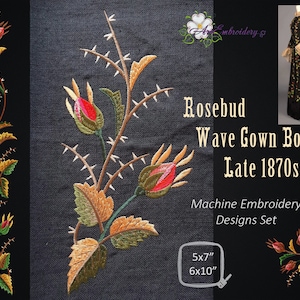 May include: Machine embroidery designs set of rosebud wave gown borders, featuring a floral motif with red, pink, yellow, and green embroidery on a black fabric background. The designs are available in 5x7 and 6x10 inch sizes.  Embroidery g.