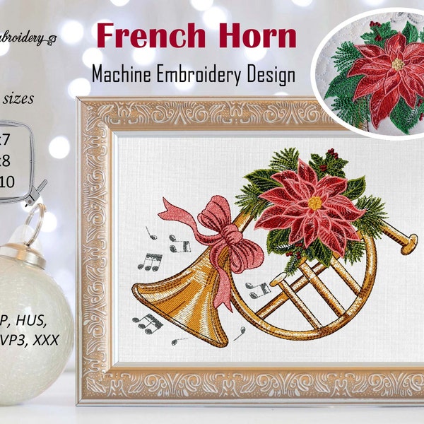 French Horn - Machine Embroidery Design in 4 sizes for hoop 5x7", 6x8" and 6x10"