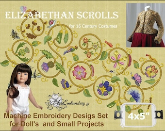 Elizabethan Scrolls Machine Embroidery Designs: 16th Century Doll Costumes (4x5")